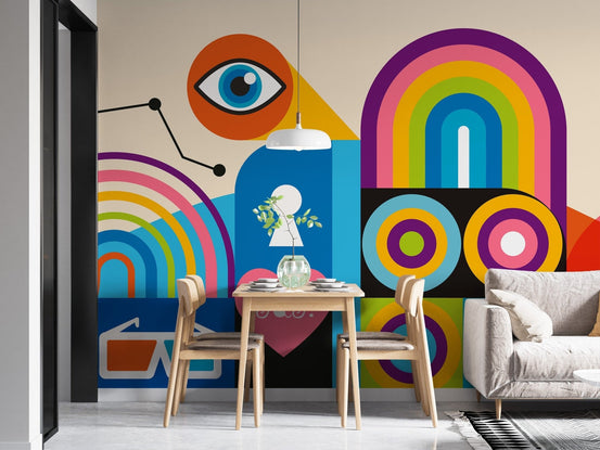 Vibrant geometric art mural wallpaper for modern homes., B307