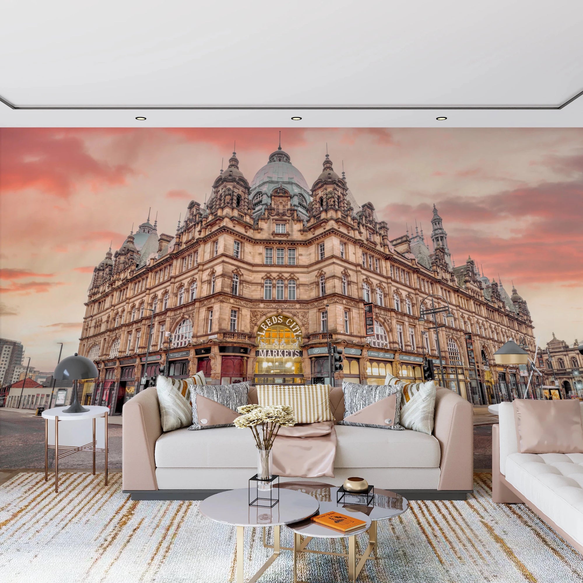 Historic market facade in Vibrant Hub Wall Mural with warm sunset sky, GD8787