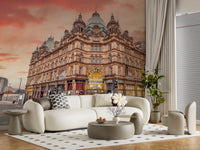 Living room with Vibrant Hub Wall Mural showing historic city market building