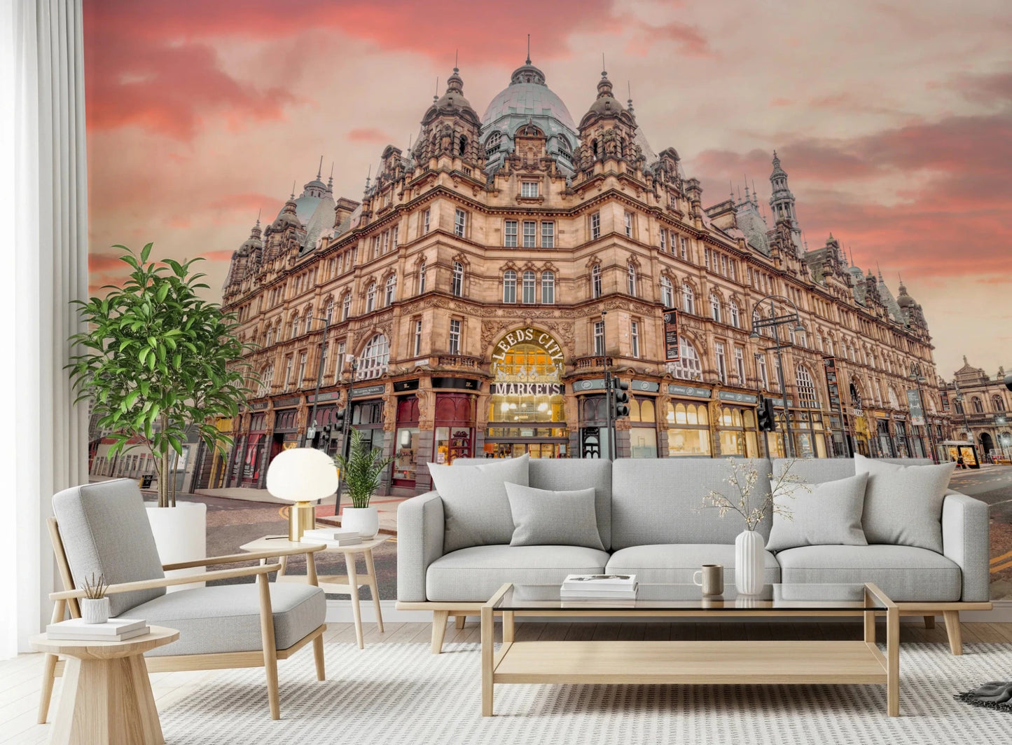 Rooms styled in Vibrant Hub Wall Mural with grand street corner architecture
