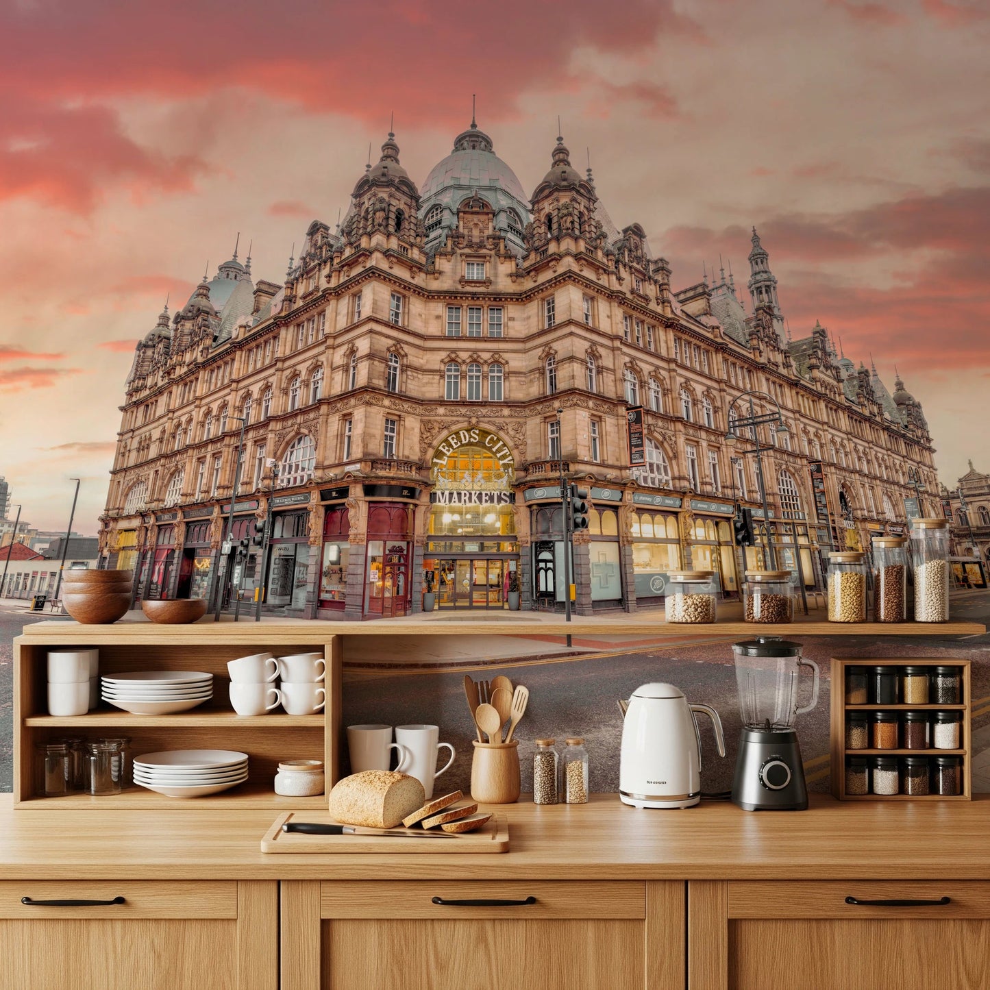Grand architectural exterior in Vibrant Hub Wall Mural with city road view
