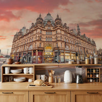 Grand architectural exterior in Vibrant Hub Wall Mural with city road view