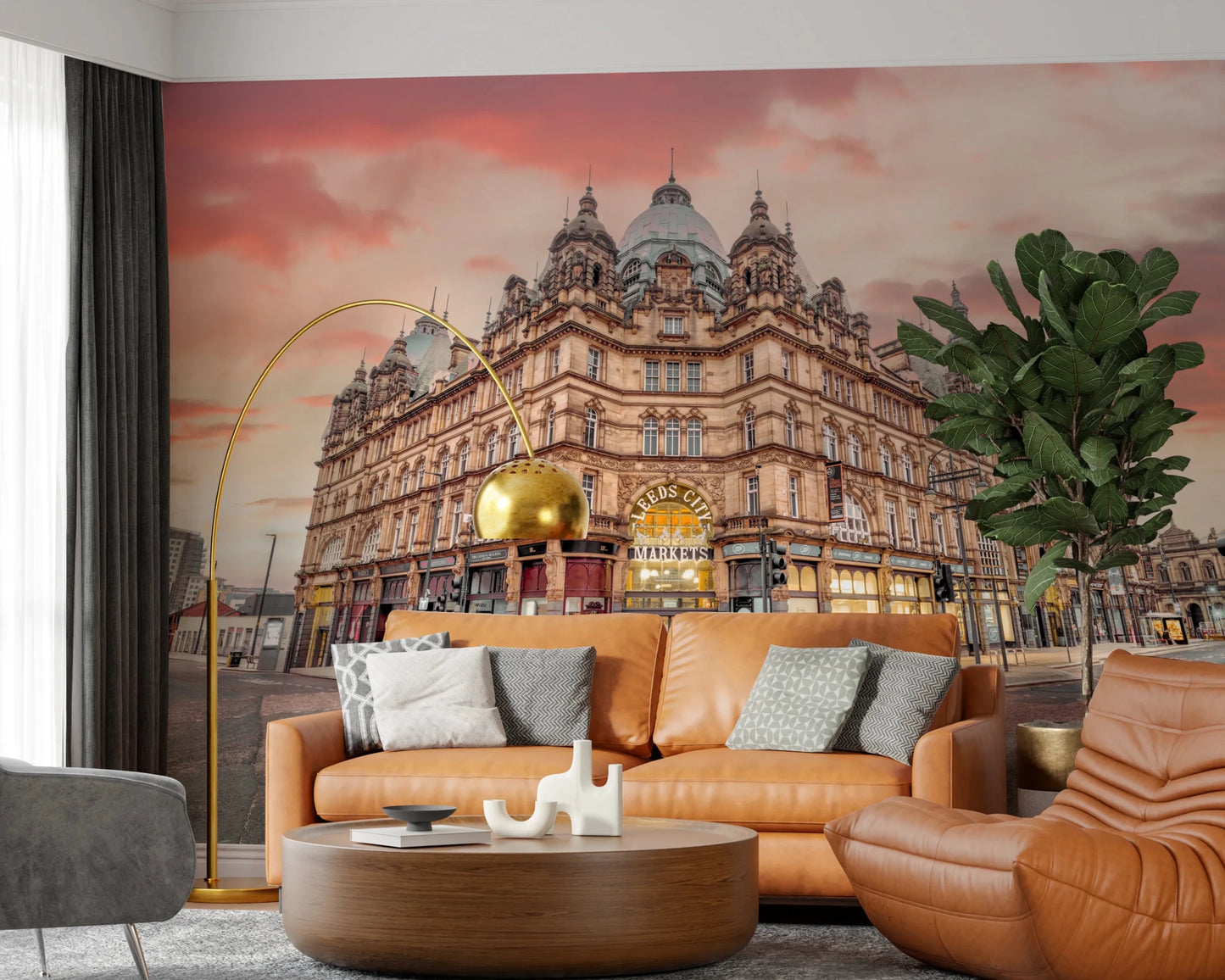 Urban street corner scene in Vibrant Hub Wall Mural with classic building