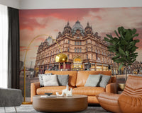 Urban street corner scene in Vibrant Hub Wall Mural with classic building