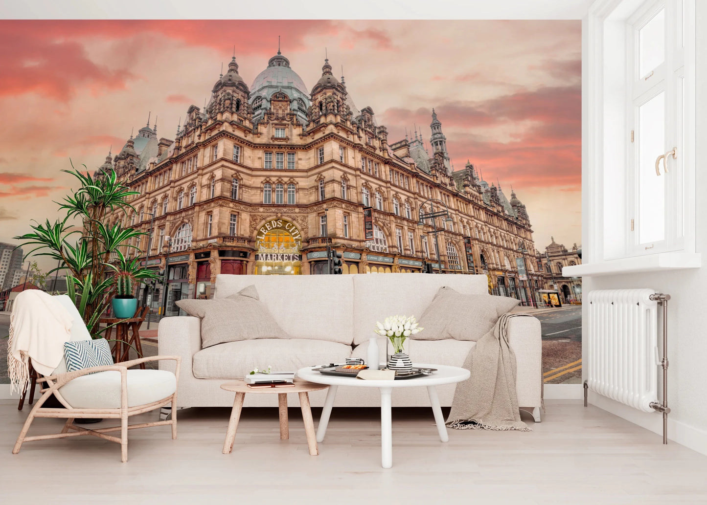 Detailed market building in Vibrant Hub Wall Mural with pink sky backdrop