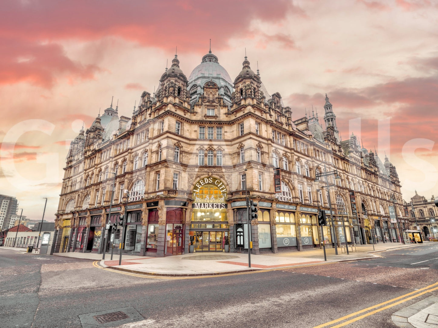 Wide urban architecture scene in Vibrant Hub Wall Mural with road frontage