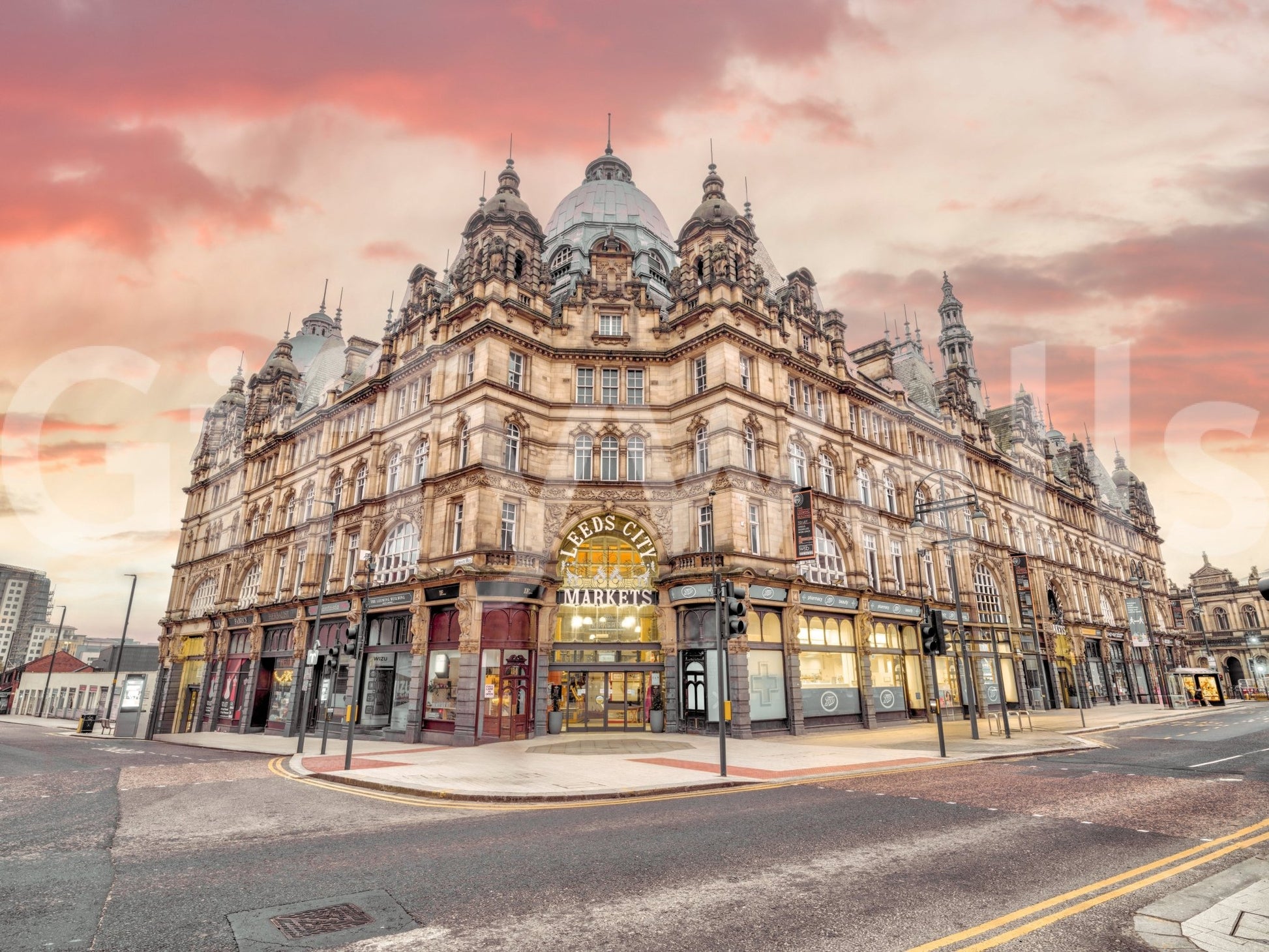 Wide urban architecture scene in Vibrant Hub Wall Mural with road frontage