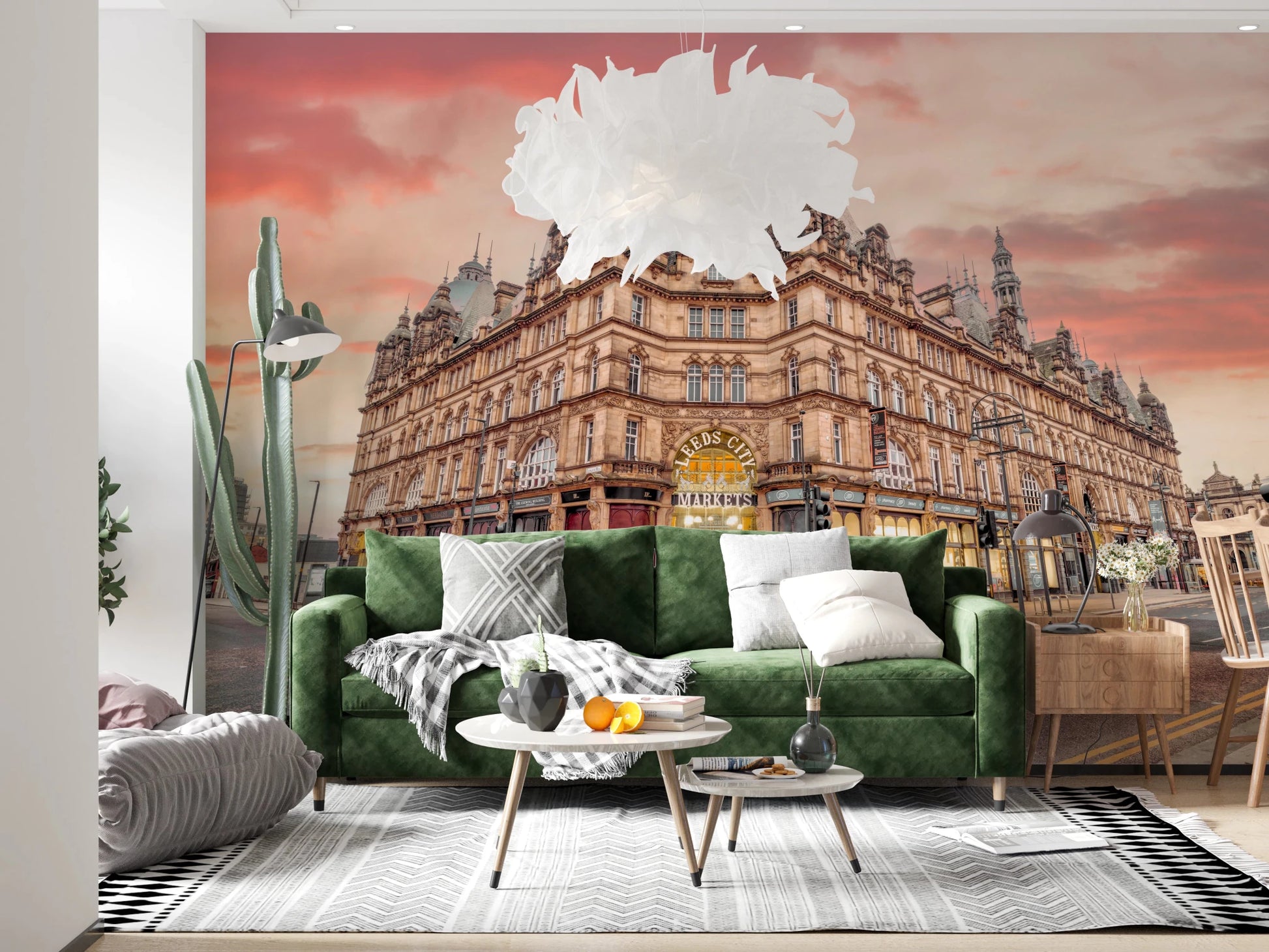 Classic city landmark in Vibrant Hub Wall Mural with storefront details