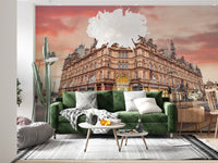 Classic city landmark in Vibrant Hub Wall Mural with storefront details