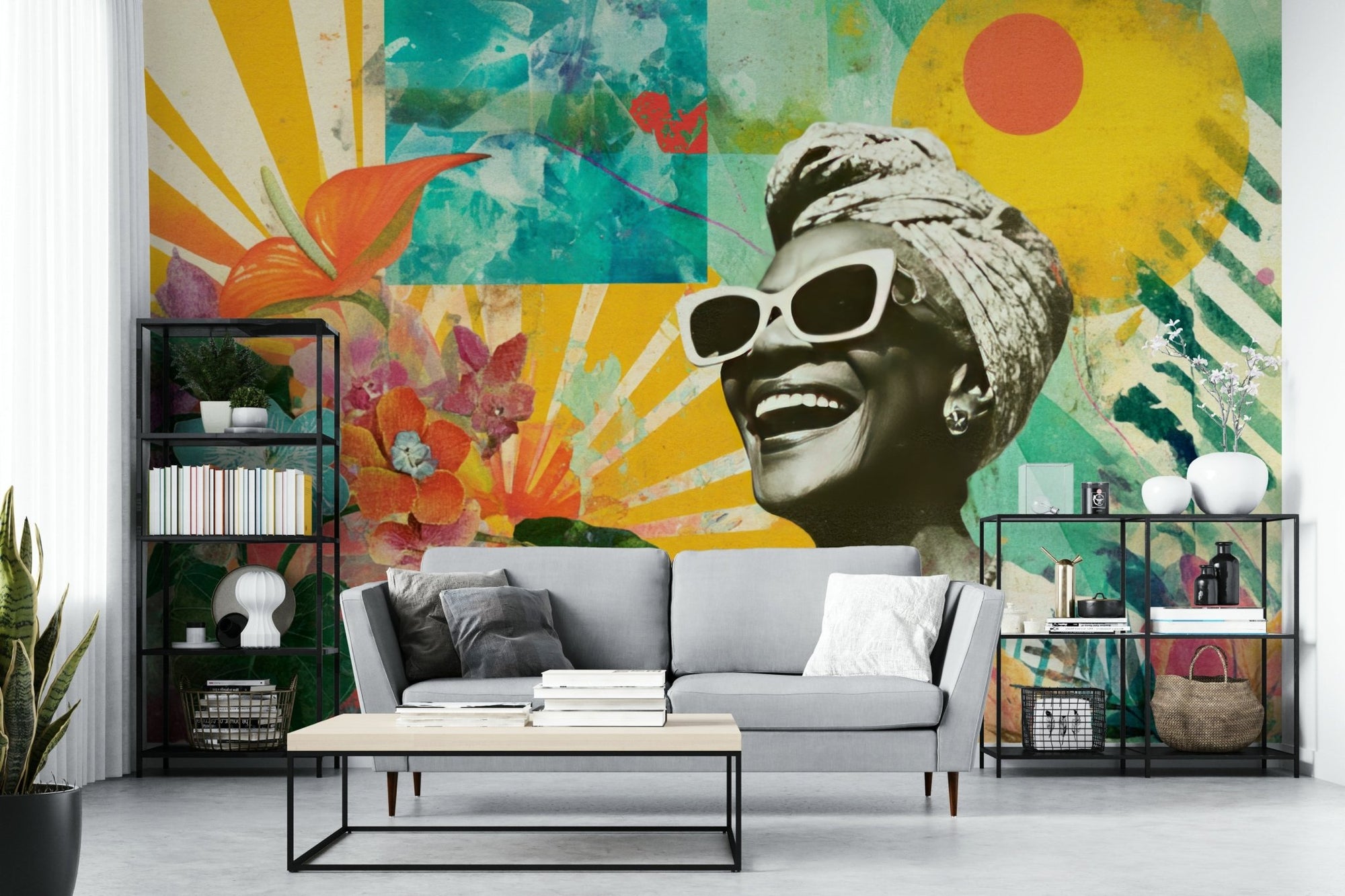vibrant joyful woman with tropical flowers wall mural GD3332

