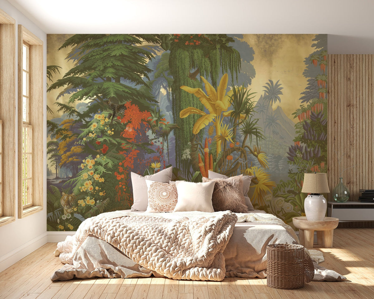 Vibrant jungle mural wallpaper featuring exotic foliage., C147
