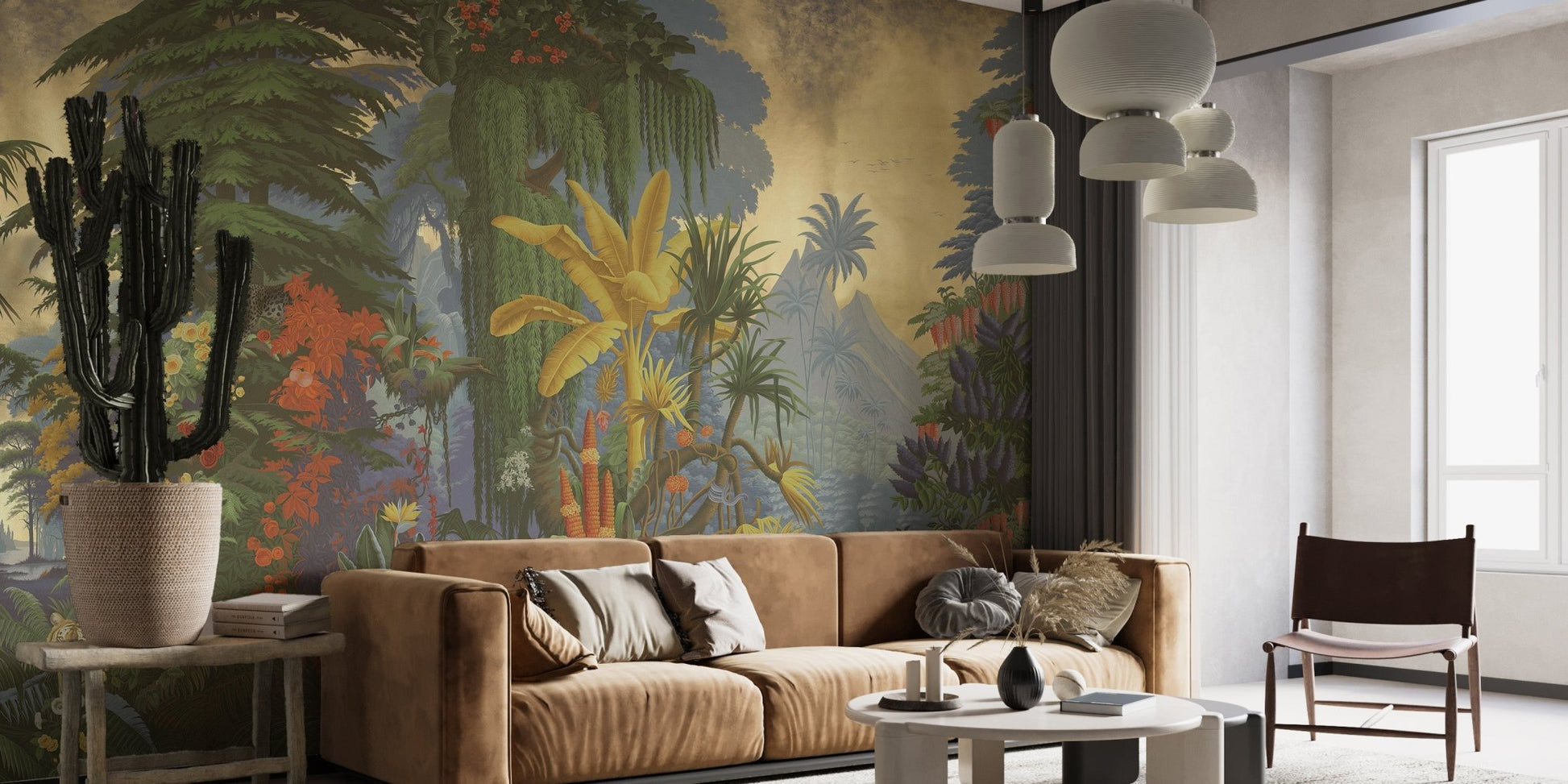 Vibrant jungle wallpaper with animals and vivid plant life.