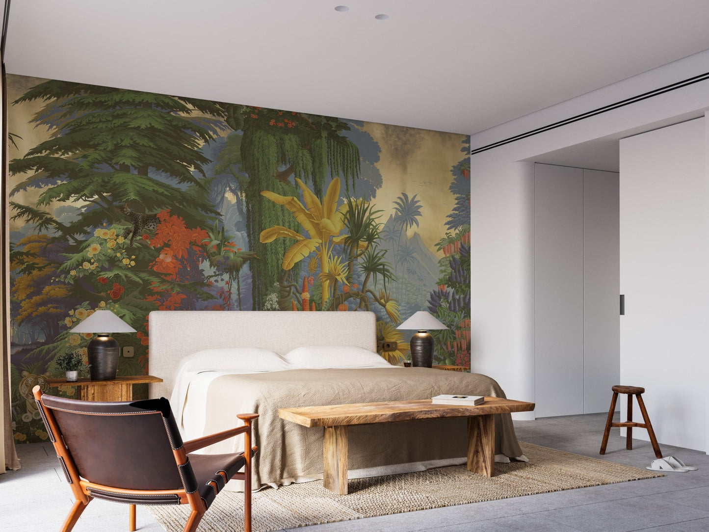 Colorful rainforest wallpaper for exotic jungle interiors.