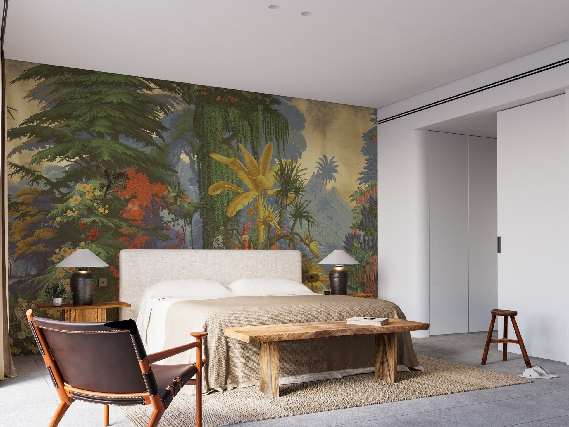 Colorful rainforest wallpaper for exotic jungle interiors.