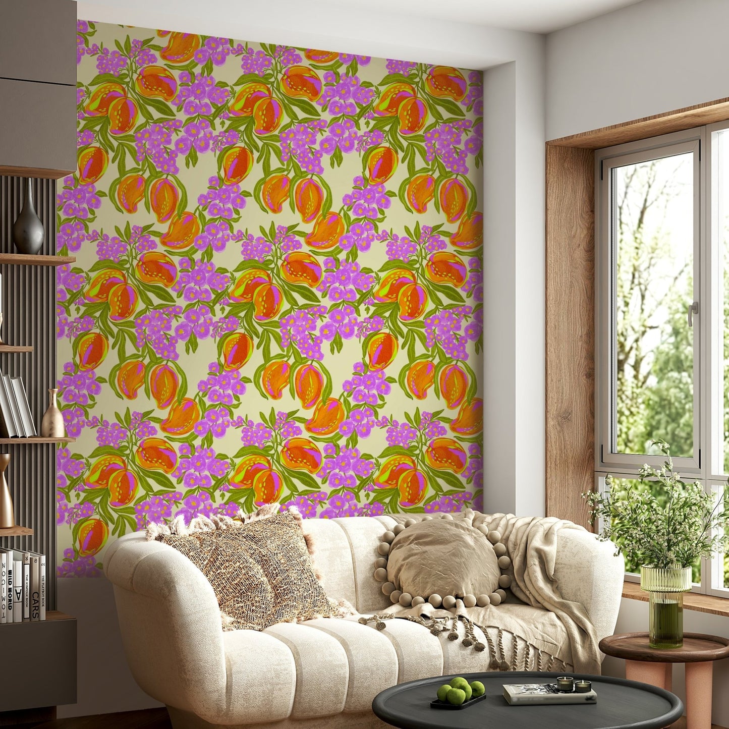 The colors are soft, muted tones of yellow, green, and white.

