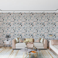Small irregular mosaic pieces create this unique vibrant multicolour terrazzo wallpaper for walls.