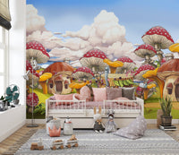 Vibrant mushroom kids city wall mural