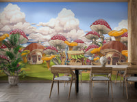 Vibrant kids city wall mural with mushrooms