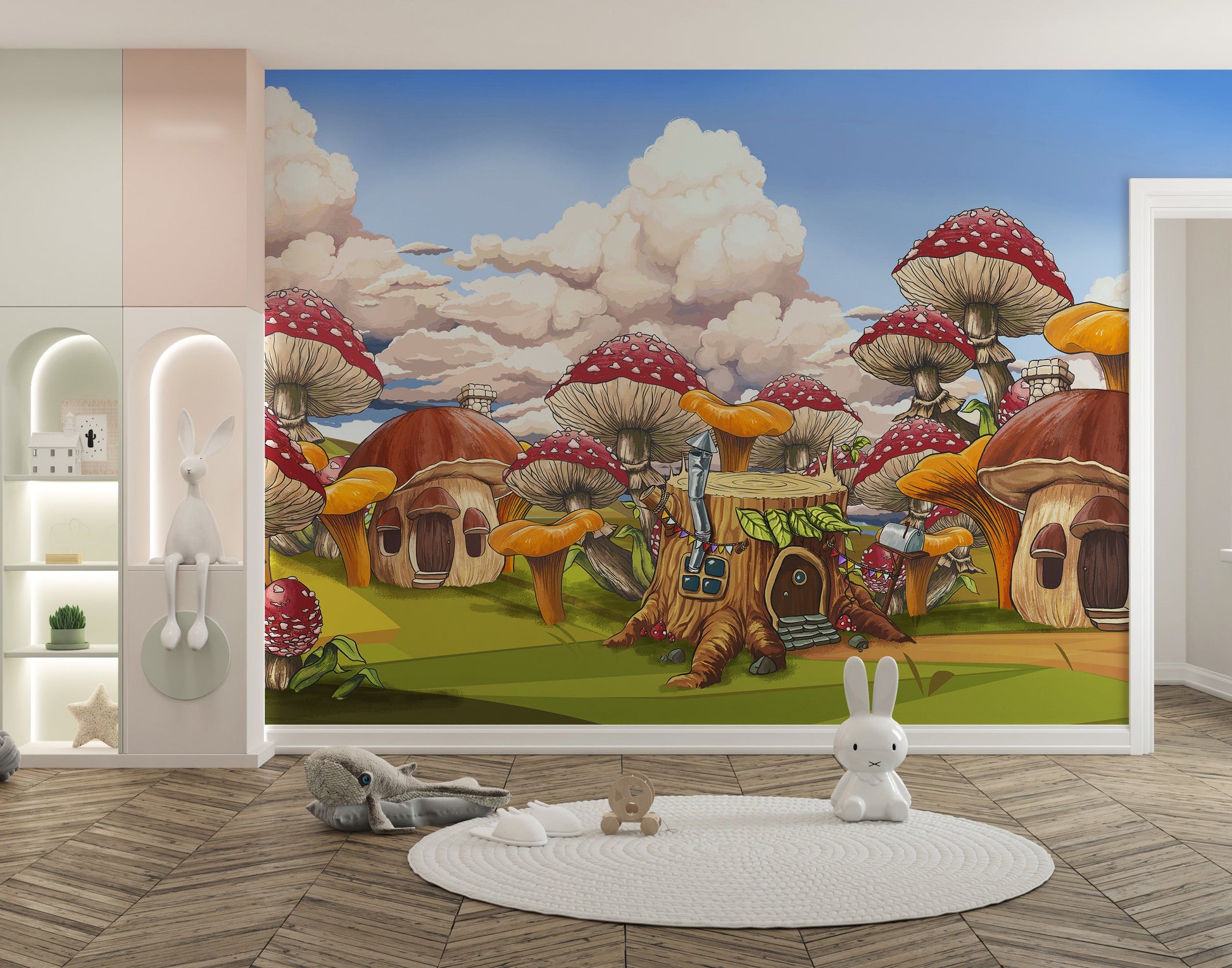 Fun vibrant mushroom city wall mural