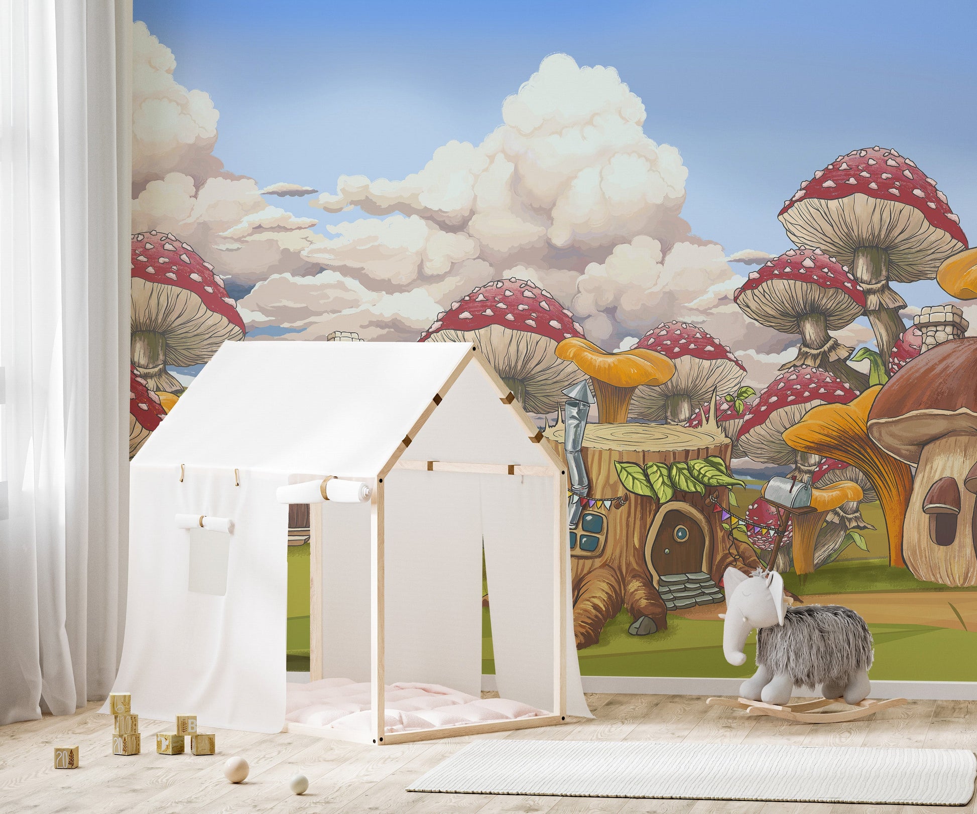 Colorful mushroom city mural for kids