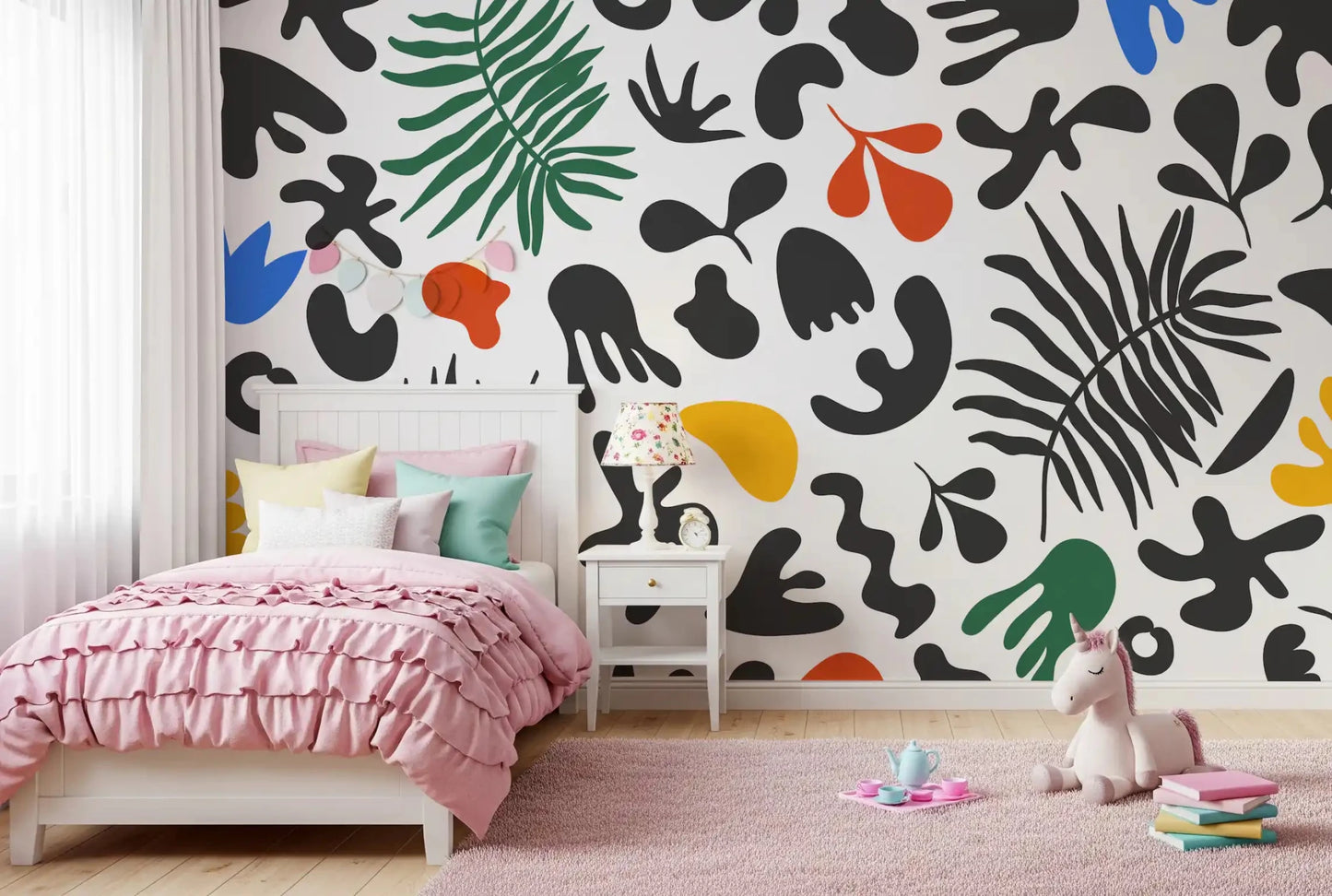 Kids bedroom styled in Organic Shapes wall mural with bright motifs