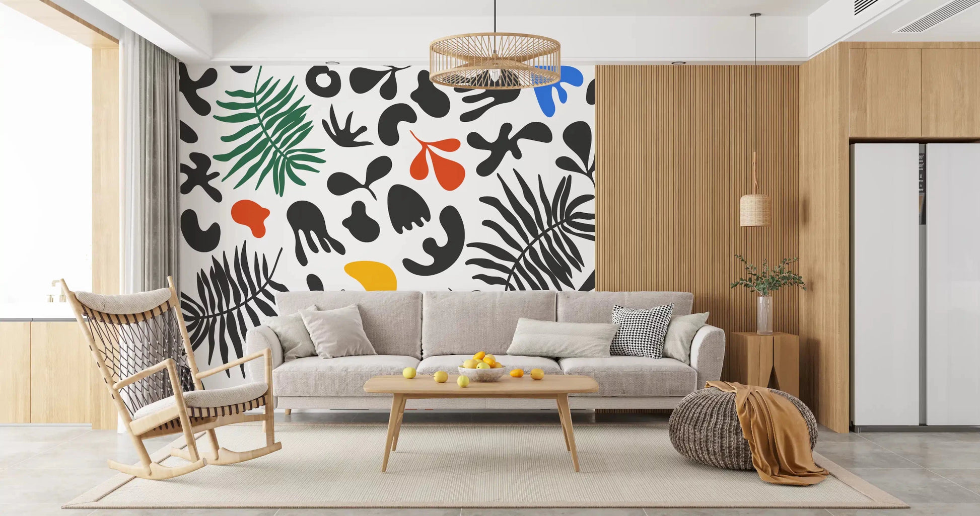 Clean white base with Organic Shapes wall mural and color accents