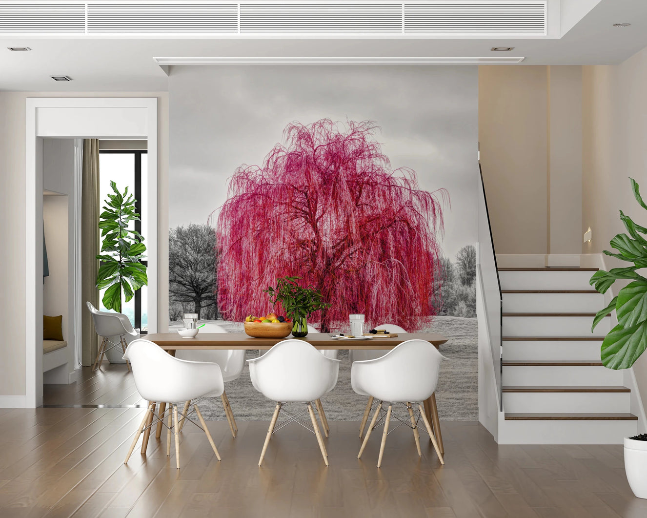 Dining room wall with Vibrant Pink Willow wall mural and bold pink tree detail