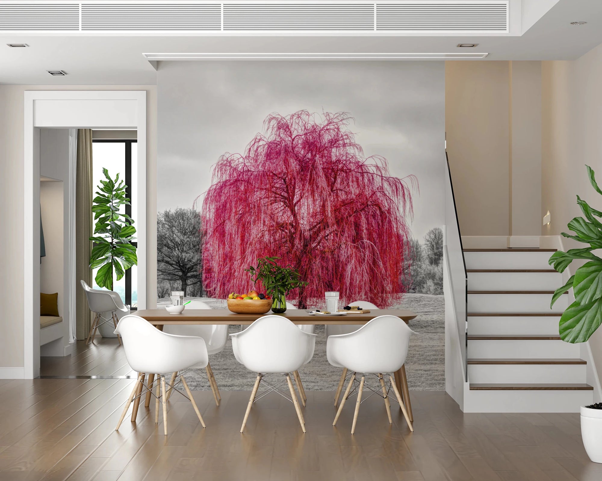 Dining room wall with Vibrant Pink Willow wall mural and bold pink tree detail, GD8285
