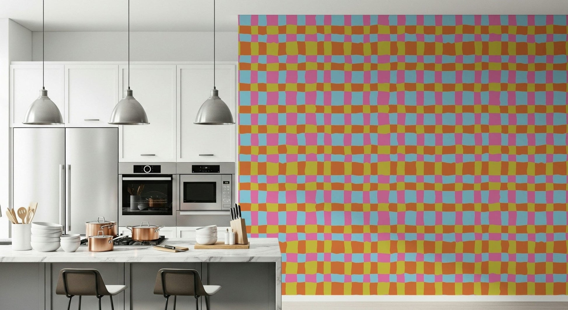 Fun wall mural illustrating overlapping lines forming little color squares.
