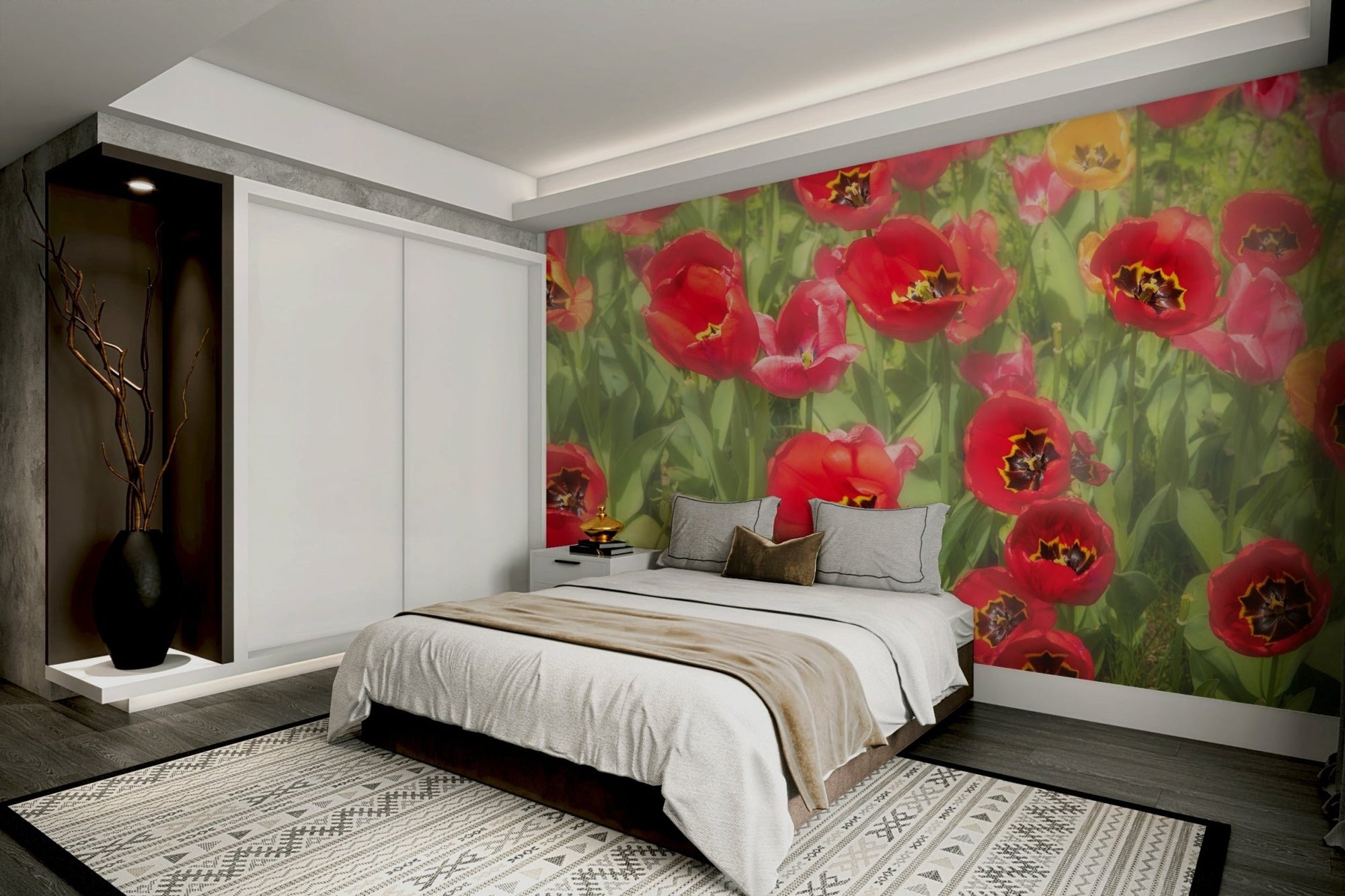 Vibrant Red Tulip Field Photography | Floral Wall Art | Nature Decor Wall Mural