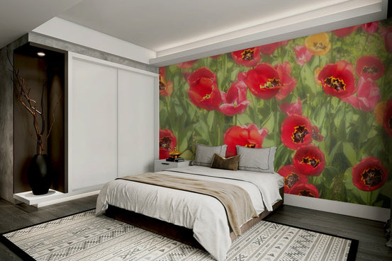 Vibrant Red Tulip Field Photography | Floral Wall Art | Nature Decor Wall Mural