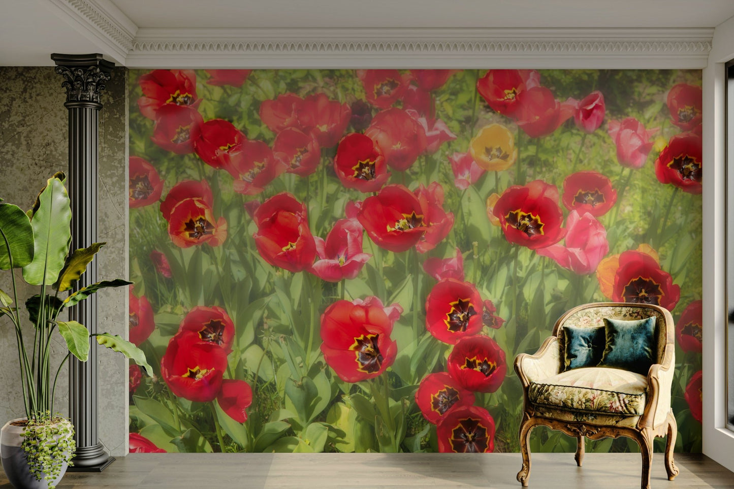 Vibrant Red Tulip Field Photography | Floral Wall Art | Nature Decor Wall Mural