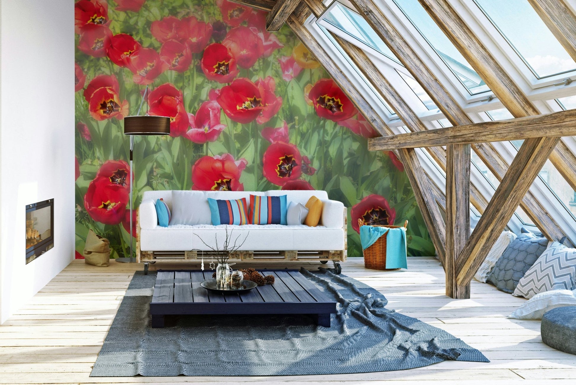 Vibrant Red Tulip Field Photography | Floral Wall Art | Nature Decor Wall Mural