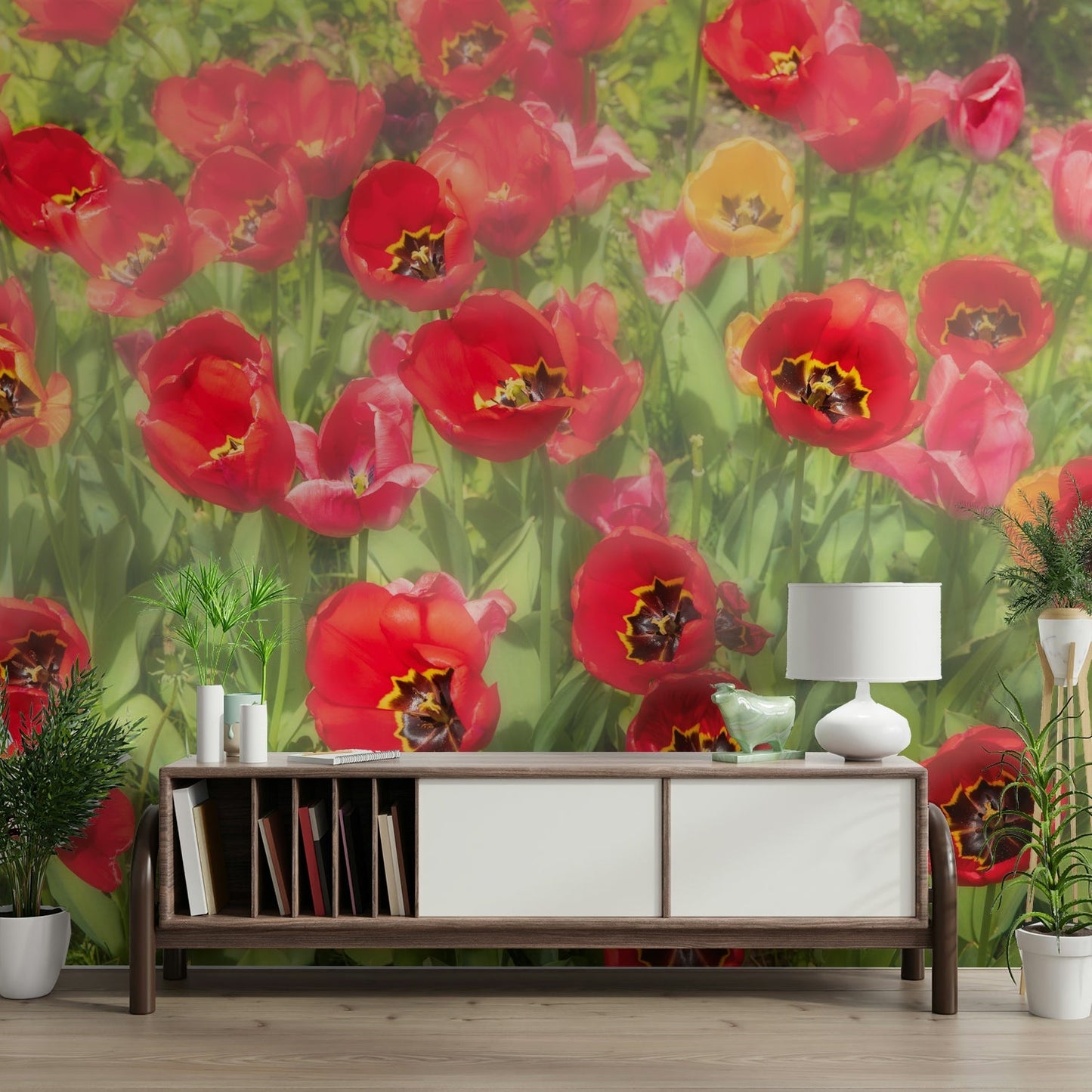 Vibrant Red Tulip Field Photography | Floral Wall Art | Nature Decor Wall Mural