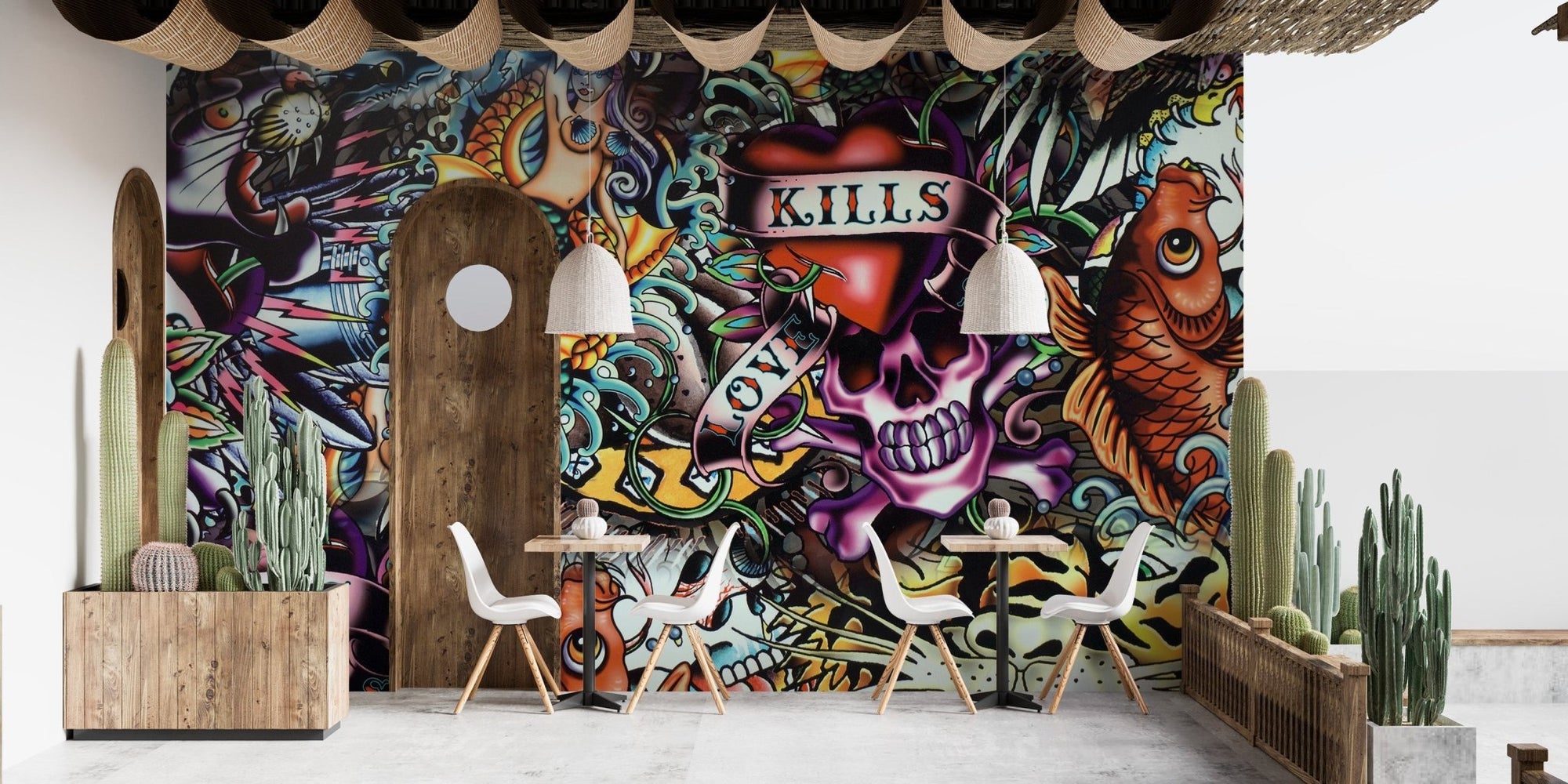 Vibrant tattoo-inspired wallpaper with graffiti art style., B304