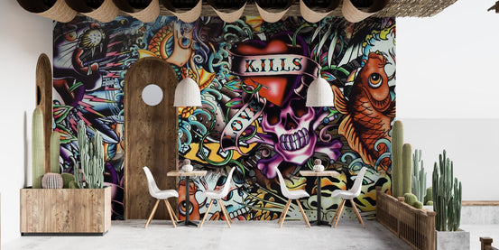 Vibrant tattoo-inspired wallpaper with graffiti art style., B304