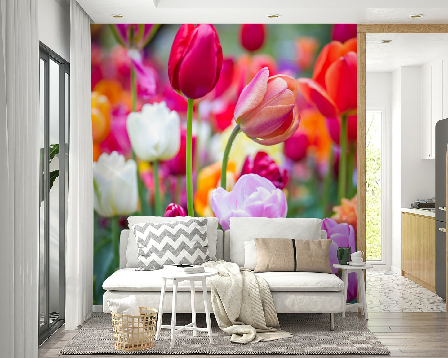 Different varieties and shapes of tulips are visible.


