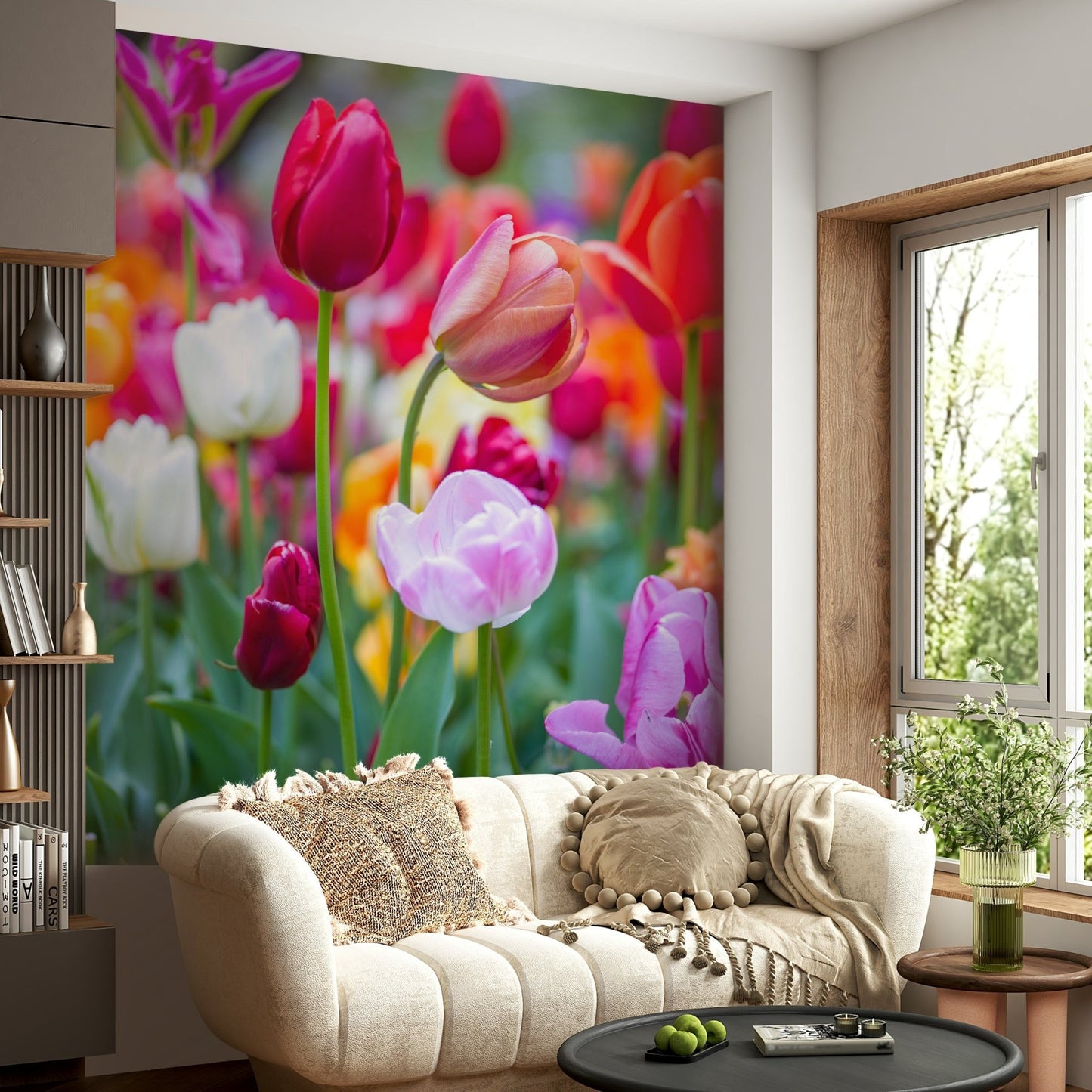 The tulips are in shades of pink, red, white, and purple.

