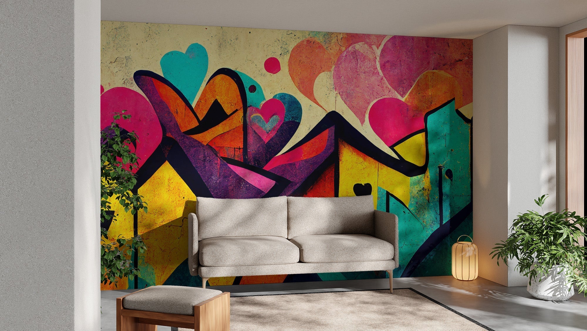 Bold vibrant urban love graffiti wallpaper mural for walls., B315