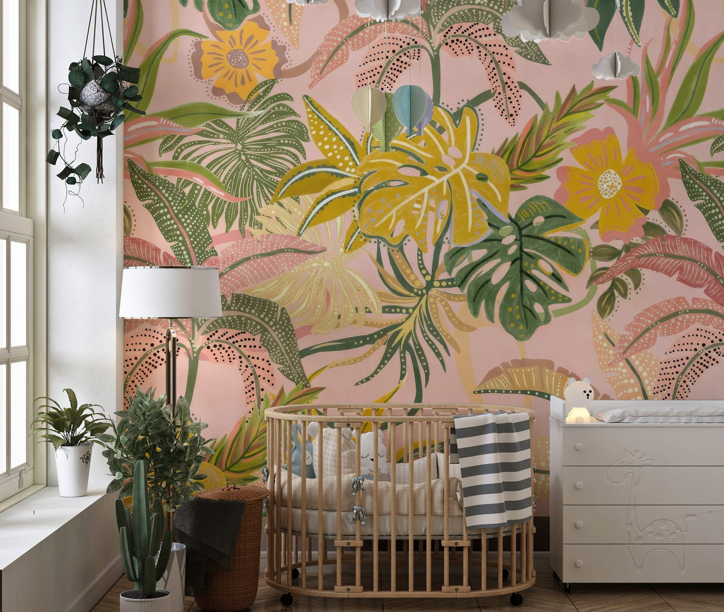 Vibrant watercolor tropical foliage mural
