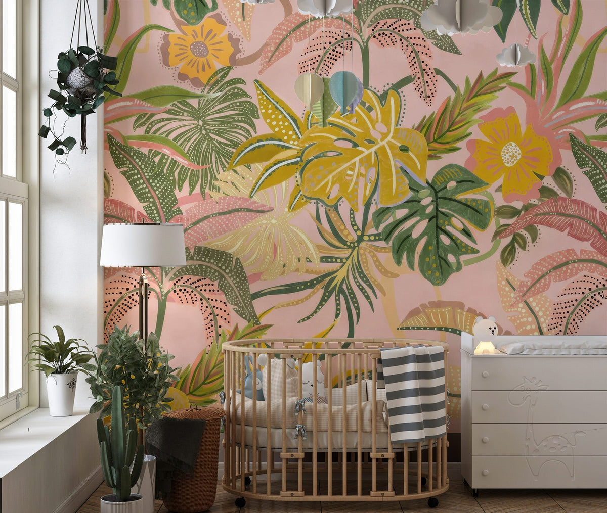 Vibrant watercolor tropical foliage mural C533