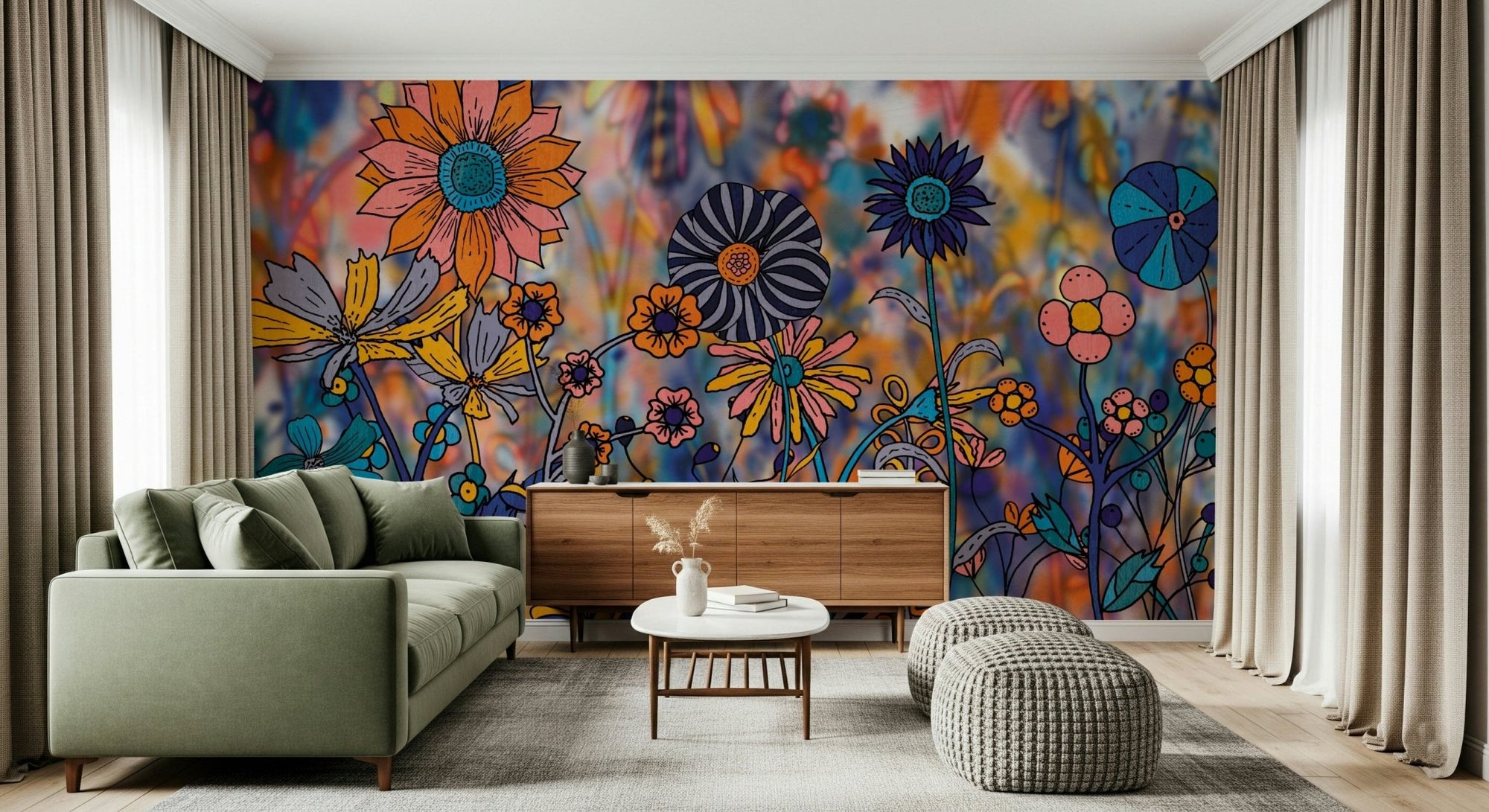 A beautiful vibrant wildflower wallpaper mural for a modern, cheerful home., GD5659