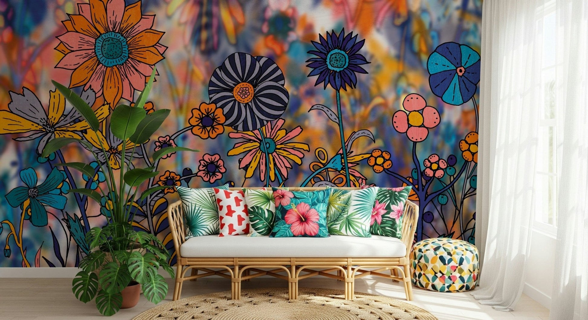 An artistic lush garden mural on scenic wallpaper.