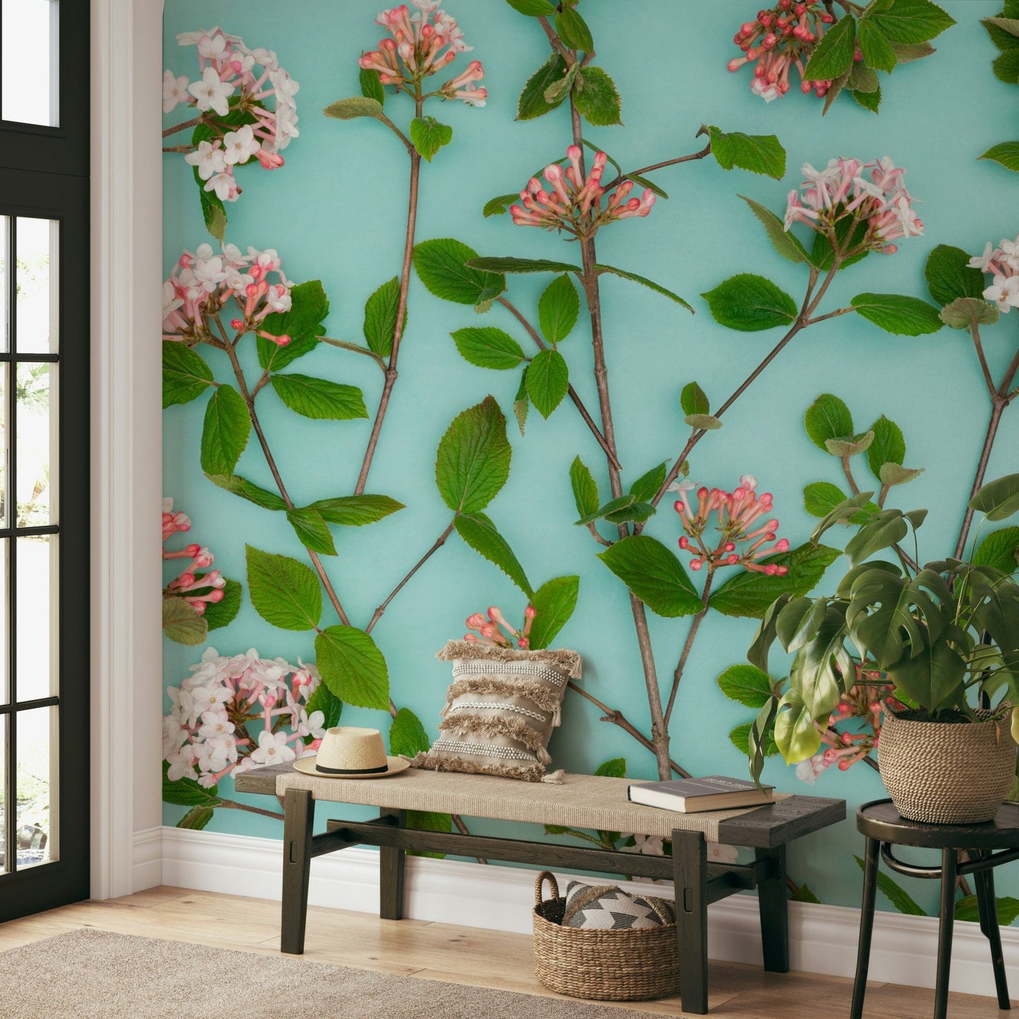 Repeating floral pattern mural featuring Viburnum Juddii

