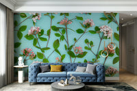Modern botanical design mural with pale green backdrop

