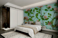 Delicate floral wall mural with clean mint color base

