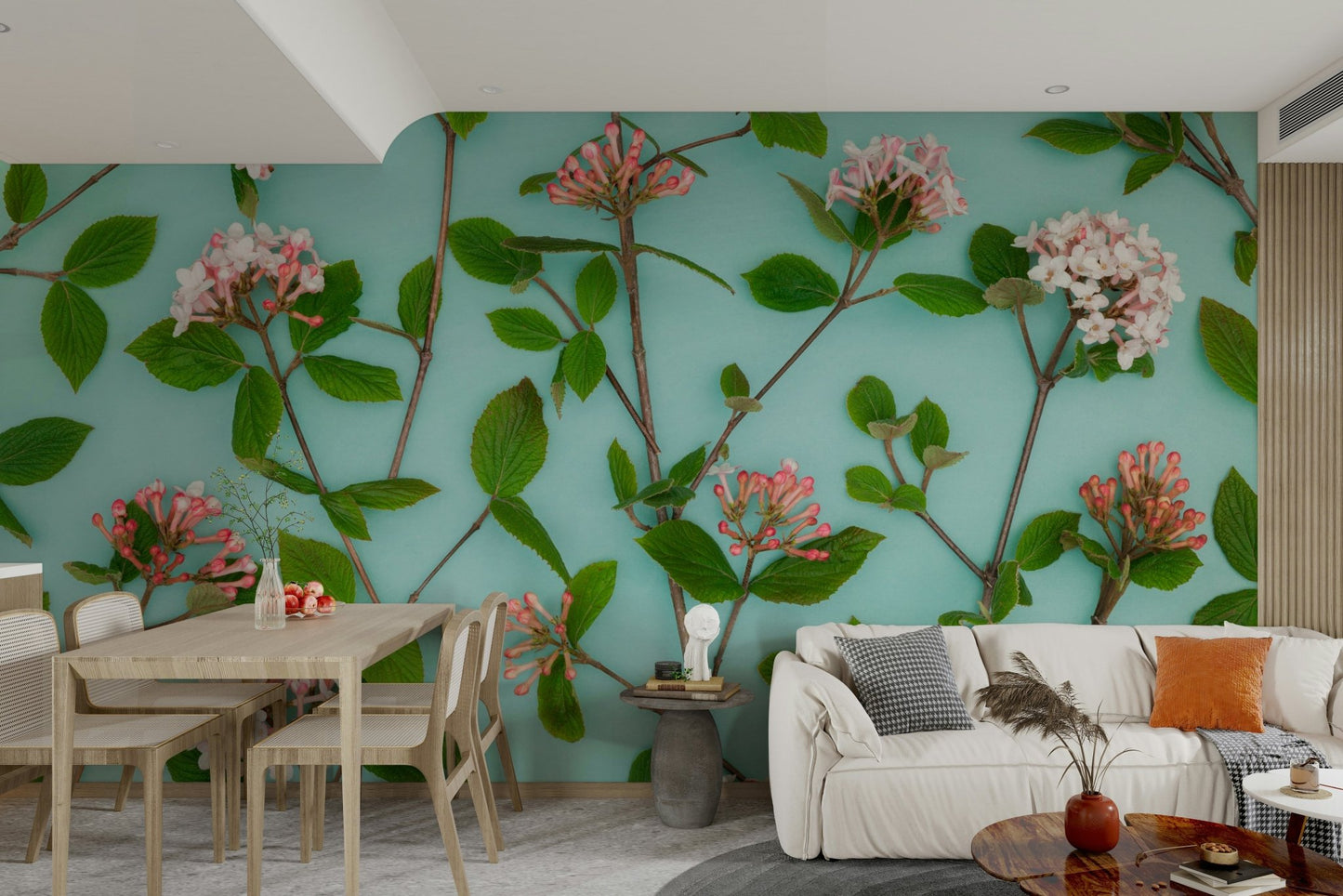 Natural floral wallpaper with crisp leaf and stem detail

