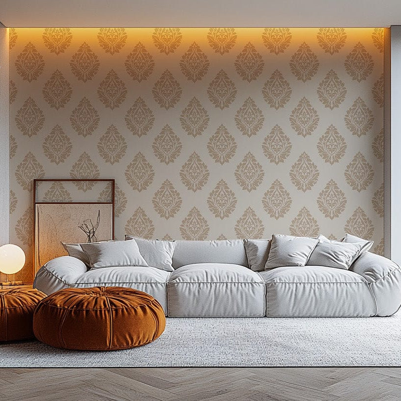 Ornate Victorian-style damask wallpaper in subtle beige hues. damask-20
