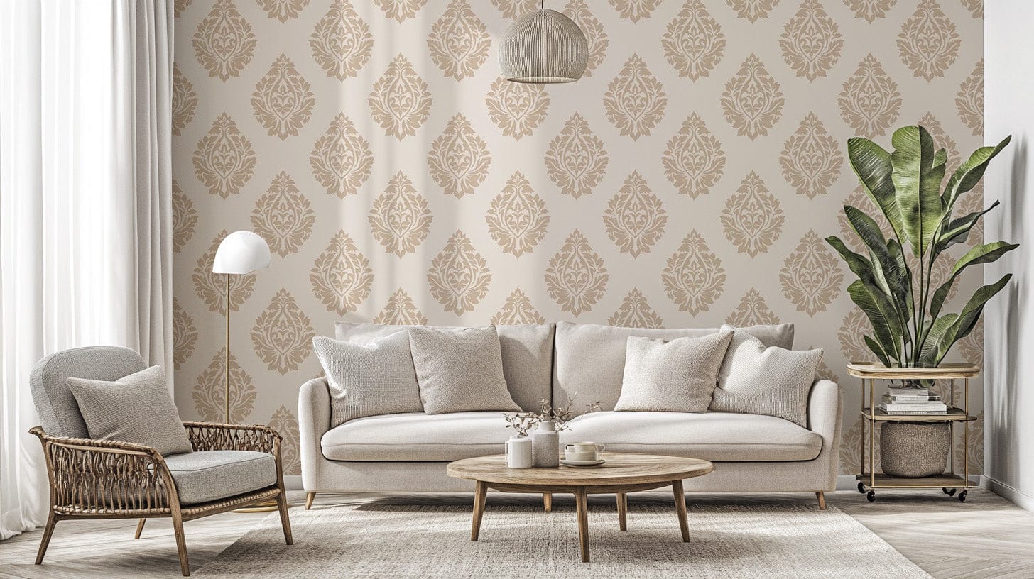 Sophisticated Victorian damask wallpaper in a soft beige tone. damask-20