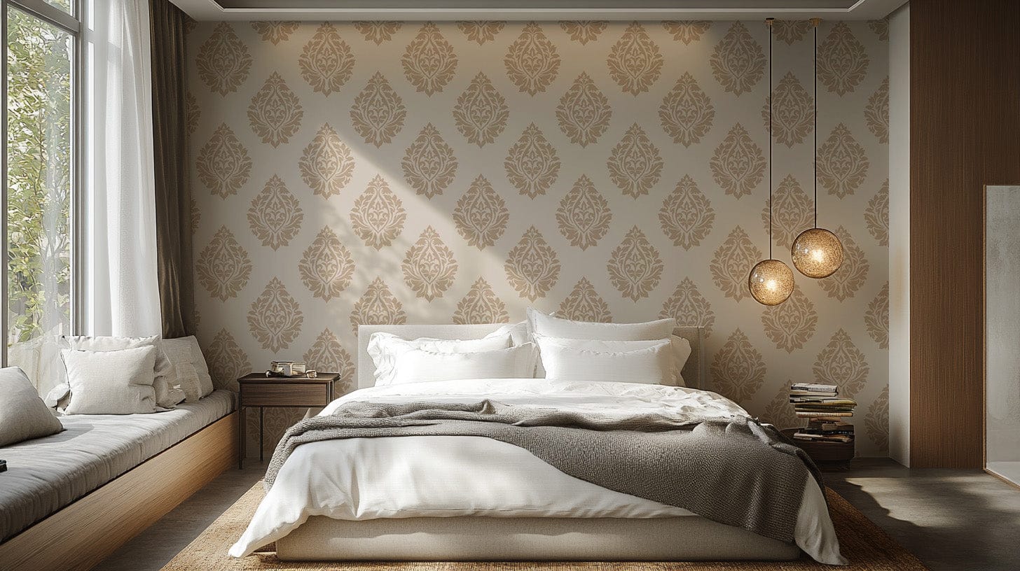 Beige damask wallpaper with timeless Victorian repeat patterns. damask-20
